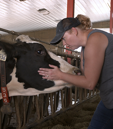 Female dairy farmer and her cow
