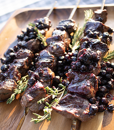 Cubed bison marinated, grilled and glazed. Grilled bison skewers recipe.
