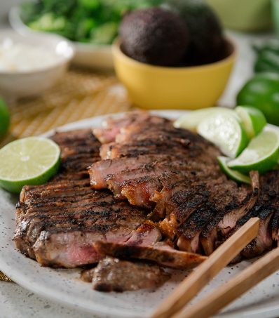 Beef tacos with black bean and corn salsa. Cast iron seared steak for beef tacos.