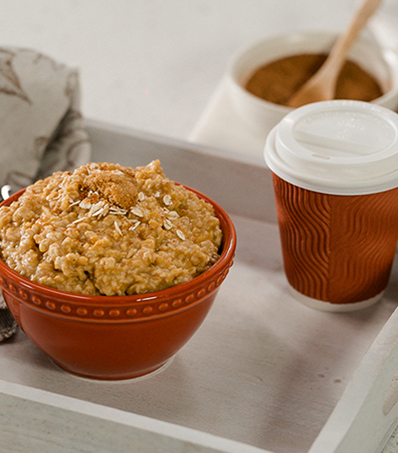 Pumpkin Spice Oatmeal. Creamy oats, simmered with pumpkin and warming spices. A bowl of hearty oatmeal made with Prairie-grown oats.