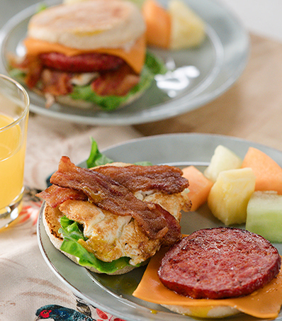 Breakfast sandwiches with bacon and farmer sausage